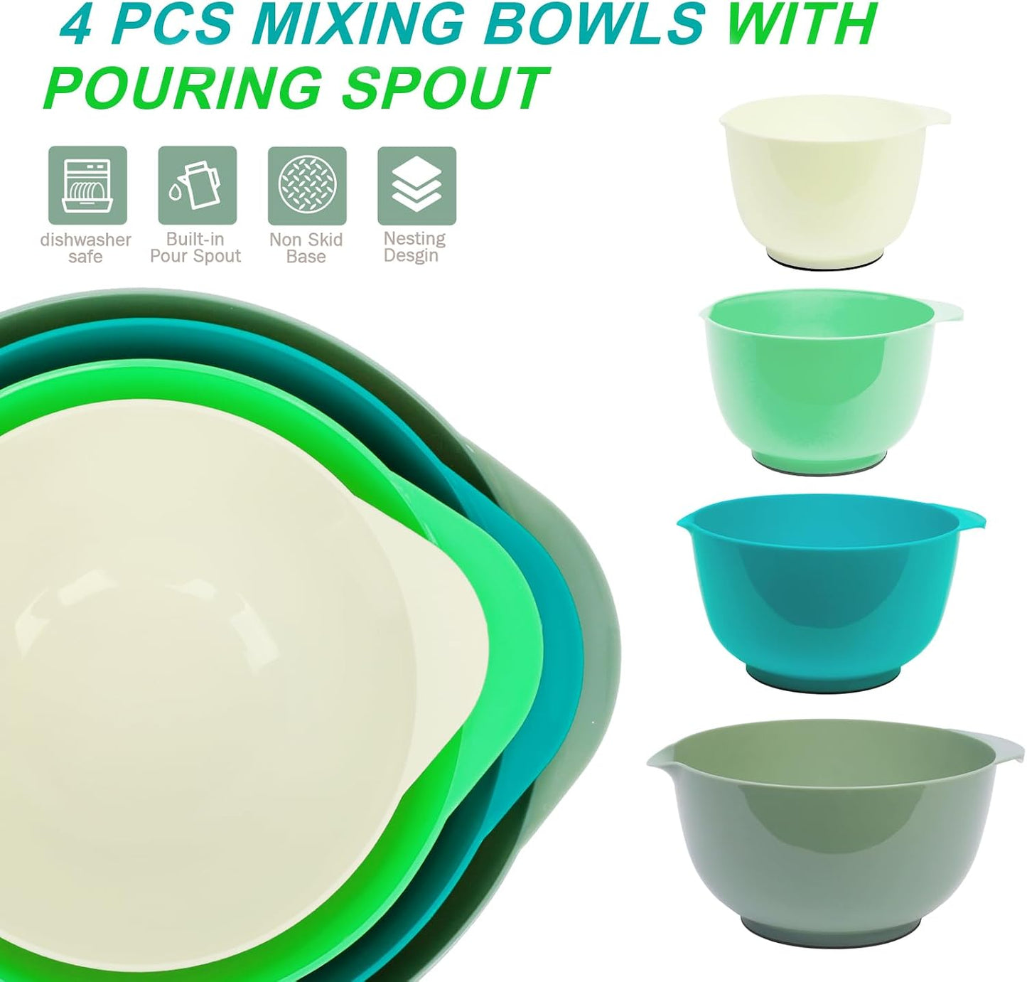 BoxedHome 4.5 Quart Large Plastic Mixing Bowls, Microwave Safe Mixing Bowl Set with Pour Spout, Nesting Bowls for Space Saving Storage(Violet Blue)