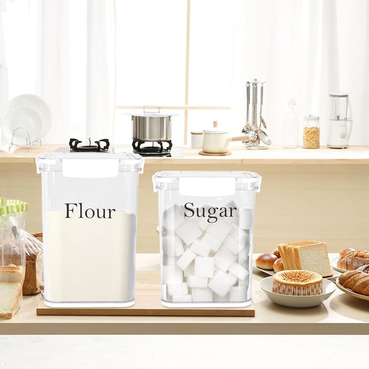 Set of 2 Large Food Storage Jars 4L - Airtight Containers with Lids, White with Free Spoon - Kitchen Canisters for Sugar,Flour,Coffee,Pantry Organization-S