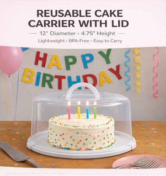 2 Reusable Cake Carriers with Lids 12x12x4.75 Inch BPA Free Lightweight Plastic Containers Fits 10-Inch Cakes – Freezer Safe Stackable Storage with Handles for Transport