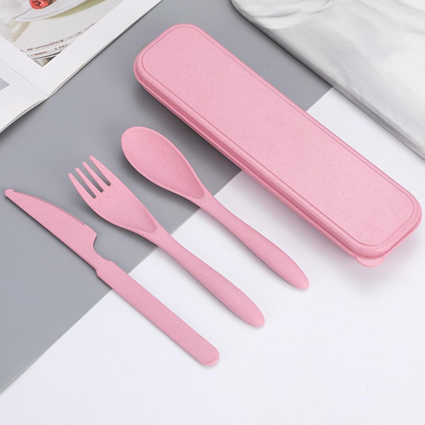 Reusable Travel Utensils Set with Case, 2 Sets Wheat Straw Portable Knife Fork Spoons Camping Cutlery for Lunch Box, Eco-Friendly BPA Free Plastic Tableware for Kids Adults Work Picnic (Purple+Pink)