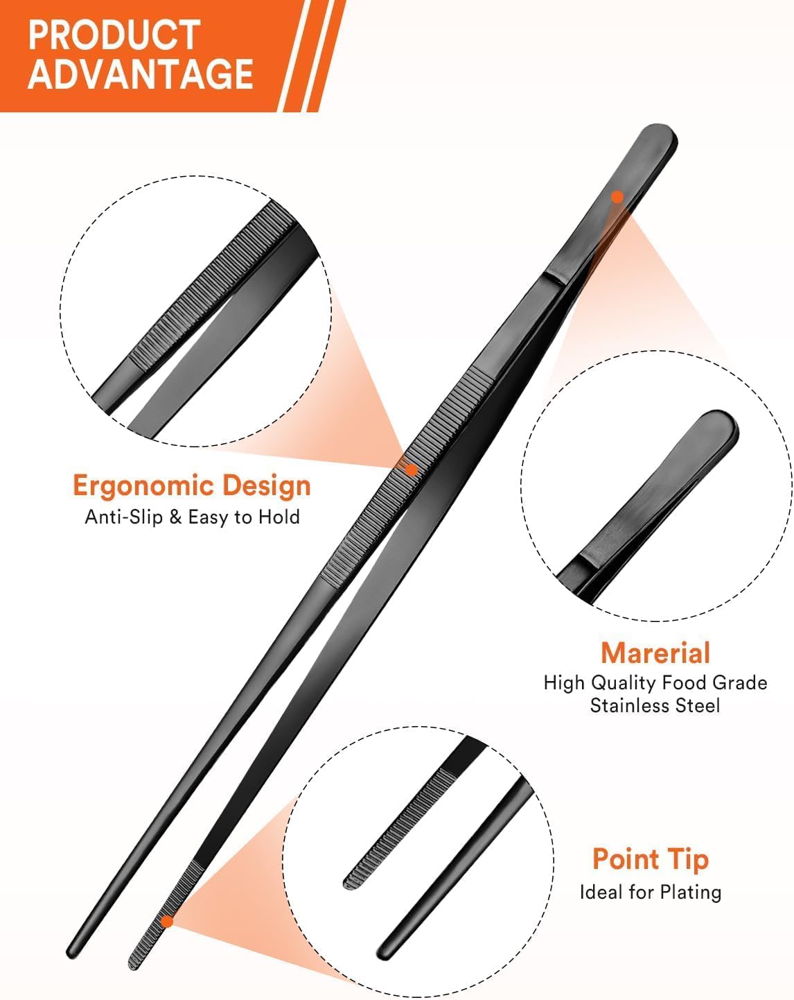 Homestia 12" Kitchen Tweezers Fine Tweezer Tongs, Extra-Long 304 Stainless Steel Cooking Tweezers, Multi-function Metal Tongs with Precision Serrated Tips for Chef, Cocktail, Serving Food, BBQ Gold