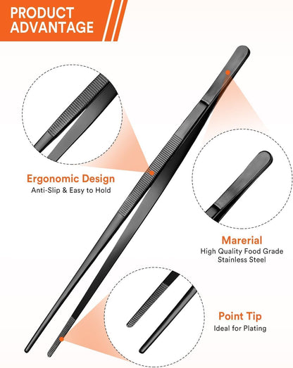 Homestia 12" Kitchen Tweezers Fine Tweezer Tongs, Extra-Long 304 Stainless Steel Cooking Tweezers, Multi-function Metal Tongs with Precision Serrated Tips for Chef, Cocktail, Serving Food, BBQ Gold