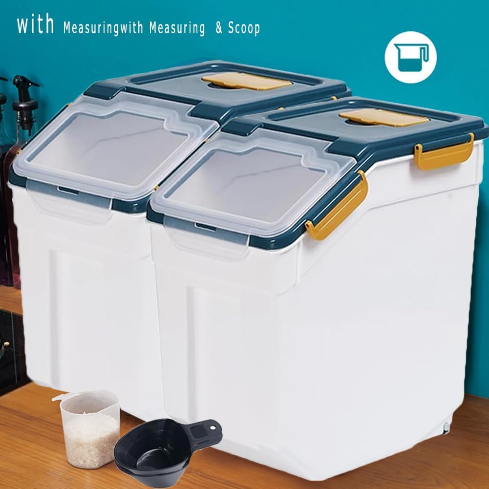 Large Flour Storage Container Bin 25lb, 2Pack Airtight Rice Storage Containers with Measuring Cup&Scoop, BPA Free with Wheels Seal Locking Lid for Flour, Rice, Grain (50LBS Total, Blue)