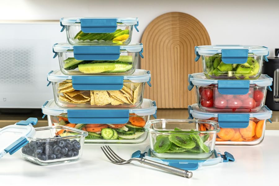 GENICOOK Glass Food Storage Containers With Glass Lids Bento Box Set Lunch Box Eco Friendly Meal Prep Containers Airtight – Plastic Free, Silicon Sleeve Bpa Free 4.4cup/ 5 * 1050ml