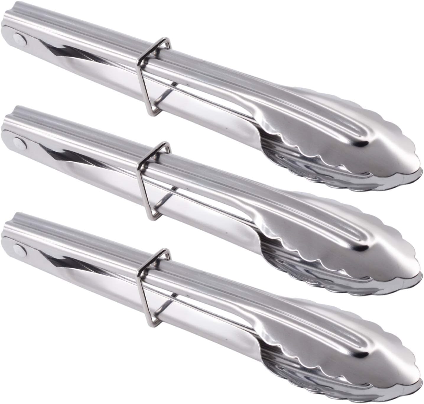 HINMAY Mini Stainless Steel Food Tongs with Silding Rings 7-Inch, Set of 6 | Small Clam Shell Service Tongs for Serving Appetizers, Desserts, Salads, Barbecue and Cooking (Silver)