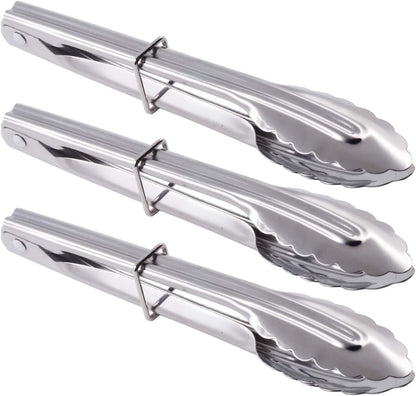 HINMAY Mini Stainless Steel Food Tongs with Silding Rings 7-Inch, Set of 6 | Small Clam Shell Service Tongs for Serving Appetizers, Desserts, Salads, Barbecue and Cooking (Silver)