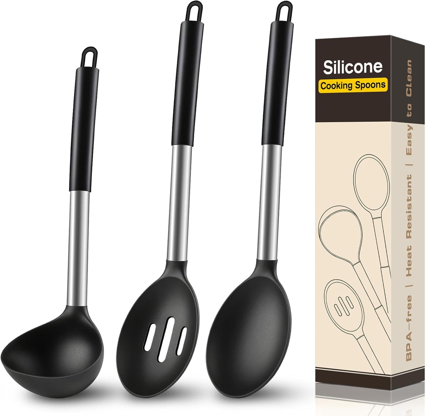3Pcs Silicone Cooking Spoon Set, Kitchen Utensils Include Solid & Slotted Spoon, Soup Ladle, Food-Grade Heat Resistant 446°F, Non-Scratch Spoons for Serving, Stirring, Draining, Dishwasher Safe, Gray