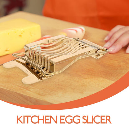 Stainless Steel Egg Slicer for Hard Boiled Eggs: Luxury Golden Metal strawberry Cutter Tool - Heavy Duty Strawberry Slicer & Mushroom Fruit Chopper Kitchen Gadget, Dishwasher Safe, 5.50"x3.65"