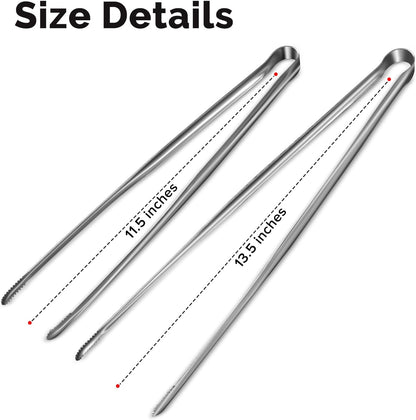 Precision Serrated Non-Slip Tips Cooking Tongs 2 Set (11.5" & 13.5"), 18/8 Stainless Steel Metal Tong, Light but Durable, Easily Control Kitchen Tweezer Tongs for Frying, Plating, BBQ