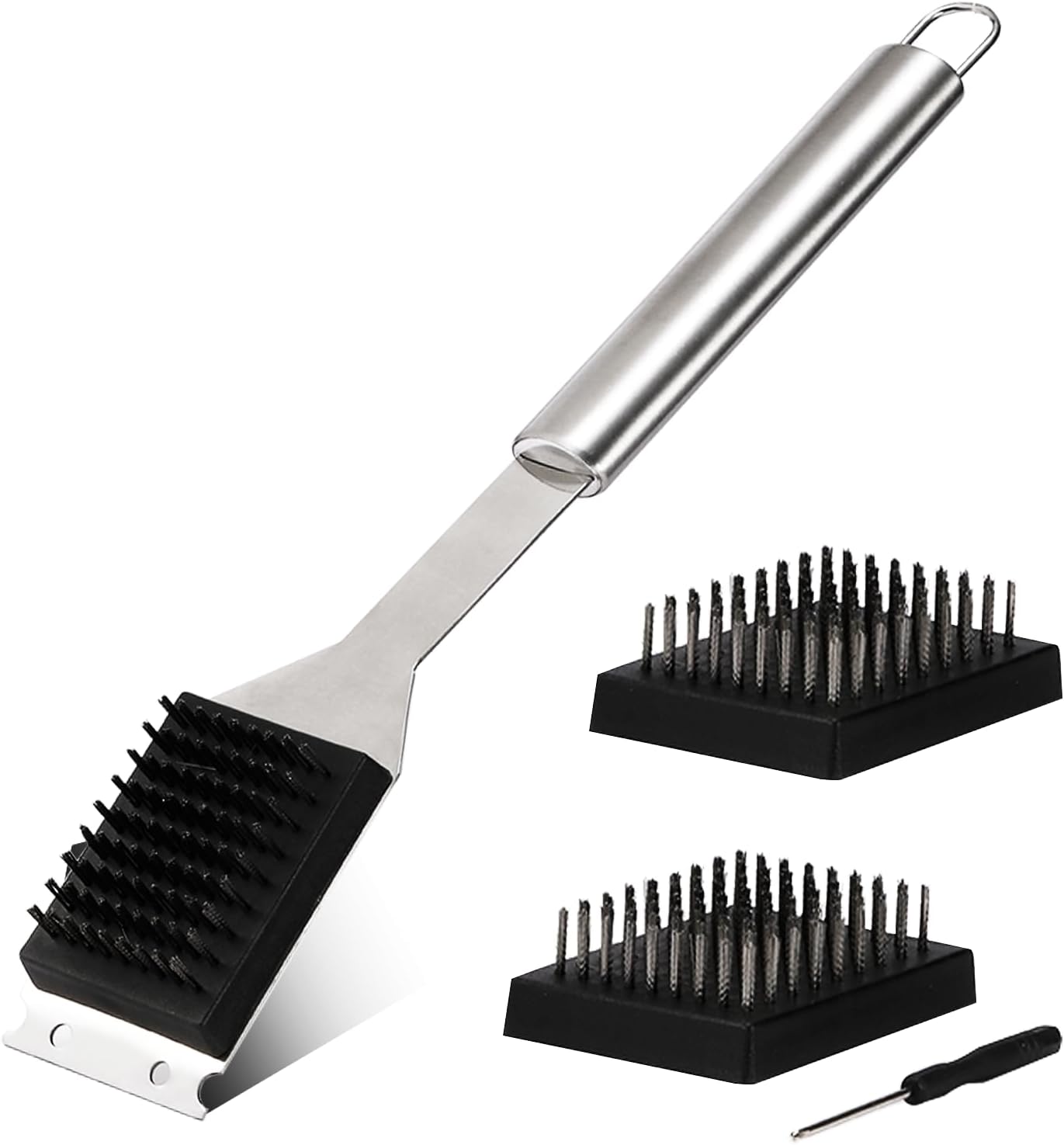 16.5” Grill Brush and Scraper with 2 Brush Replacements & 1 Screwdriver, Wire BBQ Grill Brush for Outdoor Grill, 304 Stainless Steel Cleaning Brush BBQ Grill Accessories