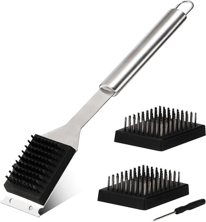 16.5” Grill Brush and Scraper with 2 Brush Replacements & 1 Screwdriver, Wire BBQ Grill Brush for Outdoor Grill, 304 Stainless Steel Cleaning Brush BBQ Grill Accessories