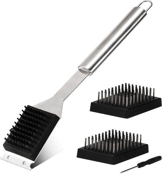 16.5” Grill Brush and Scraper with 2 Brush Replacements & 1 Screwdriver, Wire BBQ Grill Brush for Outdoor Grill, 304 Stainless Steel Cleaning Brush BBQ Grill Accessories