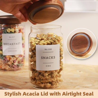 2 Pack Large Glass Flour and Sugar Storage Containers with Airtight Acacia Wood Lids and 132 Kitchen Pantey Labels Preprint - 1 Gallon Borosilicate Glass Canister Sets for Food,Pasta,Cookie,Rice