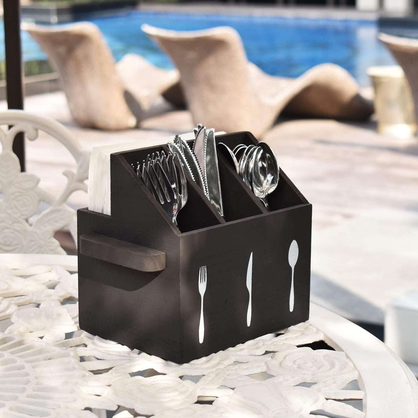 Ikee Design Wooden Utensil Caddy with Handles, Silverware Caddy, Silverware Holder for Countertop,Party,Camping and Kitchen, Silverware Organizer, Picnic Cutlery Holders, White Color