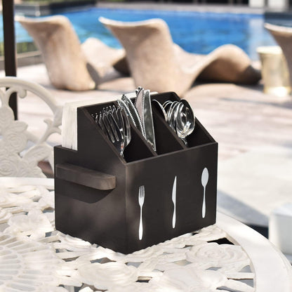 Ikee Design Wooden Utensil Caddy with Handles, Silverware Caddy, Silverware Holder for Countertop,Party,Camping and Kitchen, Silverware Organizer, Picnic Cutlery Holders, White Color