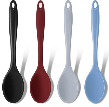GEEKHOM Silicone Cooking Spoons, 4 Pieces 8" Heat Resistant Silicone Kitchen Utensils Set Serving Stirring Spoons for Non Stick Cooking, Mixing, Basting, Baking, Black+Red+Gray+Blue