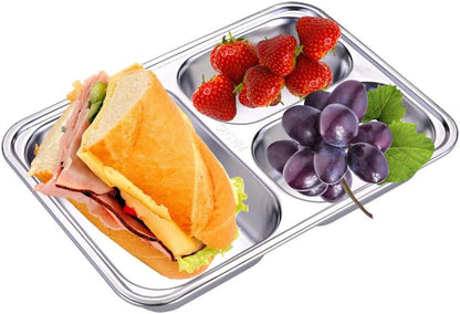 Set of 2 Stainless Steel Rectangular Divided Plates Tray 5 Sections Dinner Plates for Adults - Unbreakable Metal Plate for Campers, and Portion Control Reusable Plate