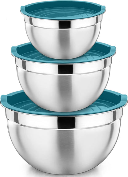 P&P CHEF Black Mixing Bowls with Lids, Set of 3, Stainless Steel Salad Nesting Bowl for Mixing, Storing, Prepping, Airtight & Stackable, Size 4.6/3 /1.5 QT