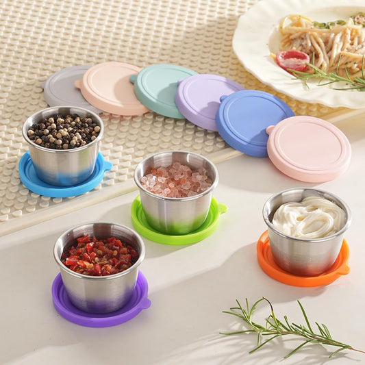Set of 6 Stainless Pinch Bowls - 1.35 fl oz with Lids, Leakproof Reusable Mini Dipping Cups, Small Condiment Containers for Salad Dressing, Ketchup, Seasoning, 6 Colors, Dishwasher Safe
