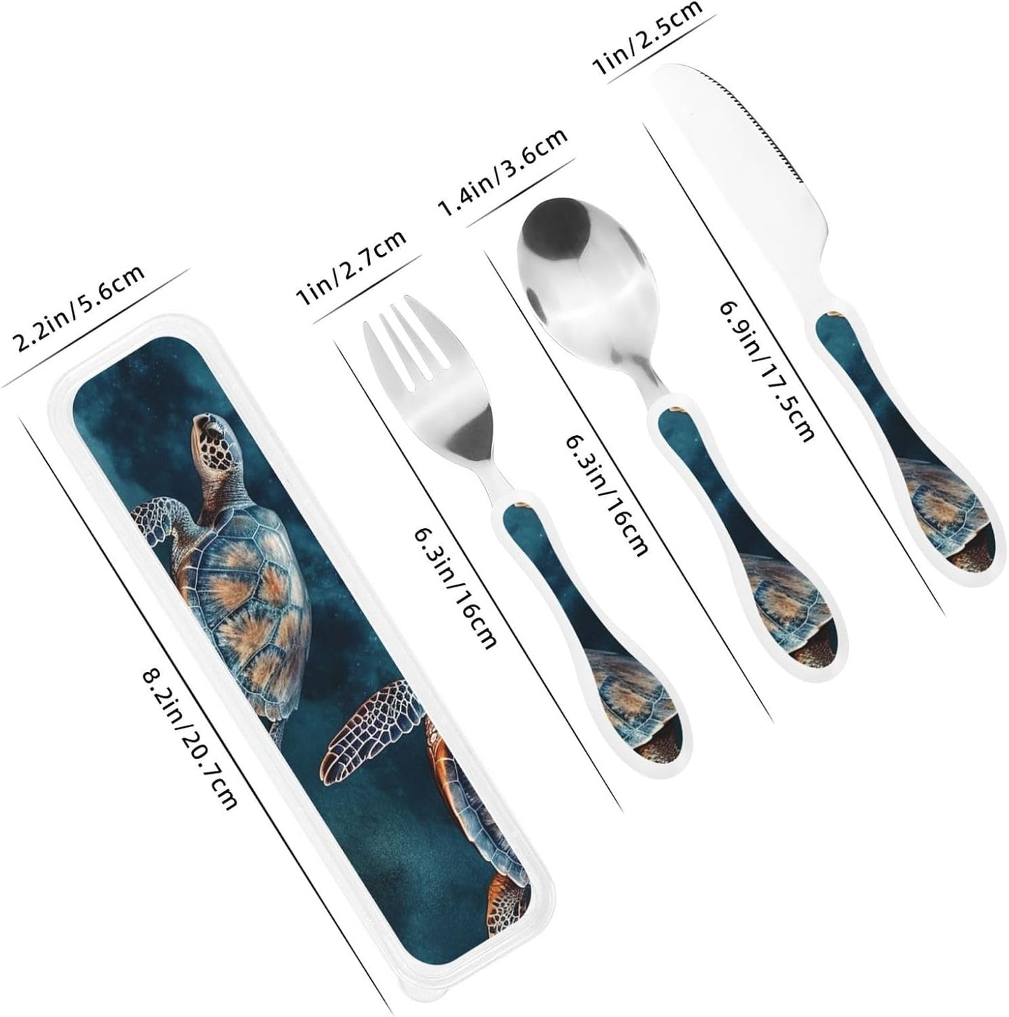 Stainless Steel Kids Silverware Set, Turtle Swimming In The Sea Utensil Set Reusable Children Safe Knife Spoon Fork Set With Storage Case Dishwasher Safe For Lunch, Travel Outdoors