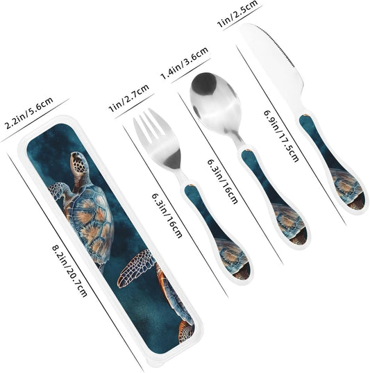 Stainless Steel Kids Silverware Set, Turtle Swimming In The Sea Utensil Set Reusable Children Safe Knife Spoon Fork Set With Storage Case Dishwasher Safe For Lunch, Travel Outdoors