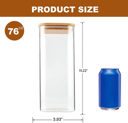Glass Food Storage Jars 37 oz Set of 6,Glass Storage Containers Clear Glass Food Canister with Bamboo Lid Airtight For Serving Tea, Coffee, Flour, Sugar, Candy, Cookie, Spice and More (Square)