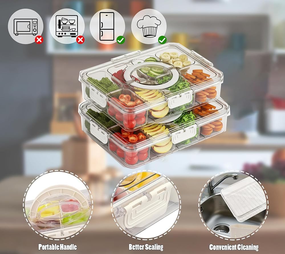 2 Pack Snackle Box Containers, 8 Compartments Divided Serving Tray with Lids & Handles, Portable Snack Storage for Veggies, Fruits, Charcuterie, Candy – BPA-Free, Leak-Proof (8 Sections Each)