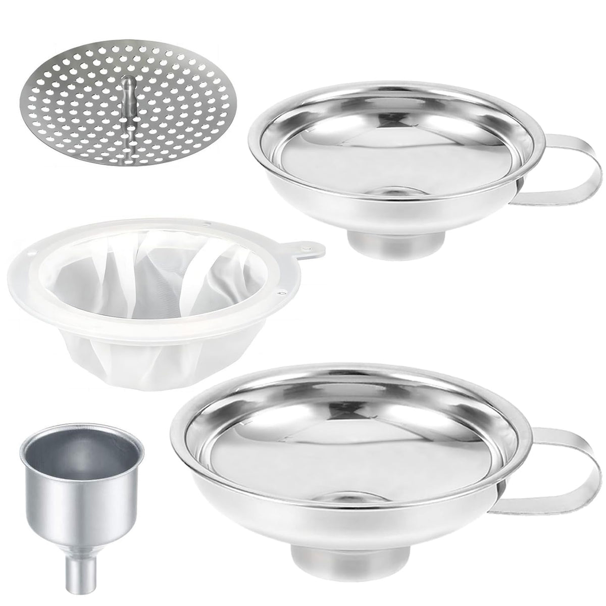 Stainless Steel Food Canning Funnels for Kitchen Use,Wide Mouth Funnel for Regular Mason Jar,Large Canning Supplies Kit for Filling Bottle(2pcs funnels,Strainer,mesh,Dispensing Funnel)