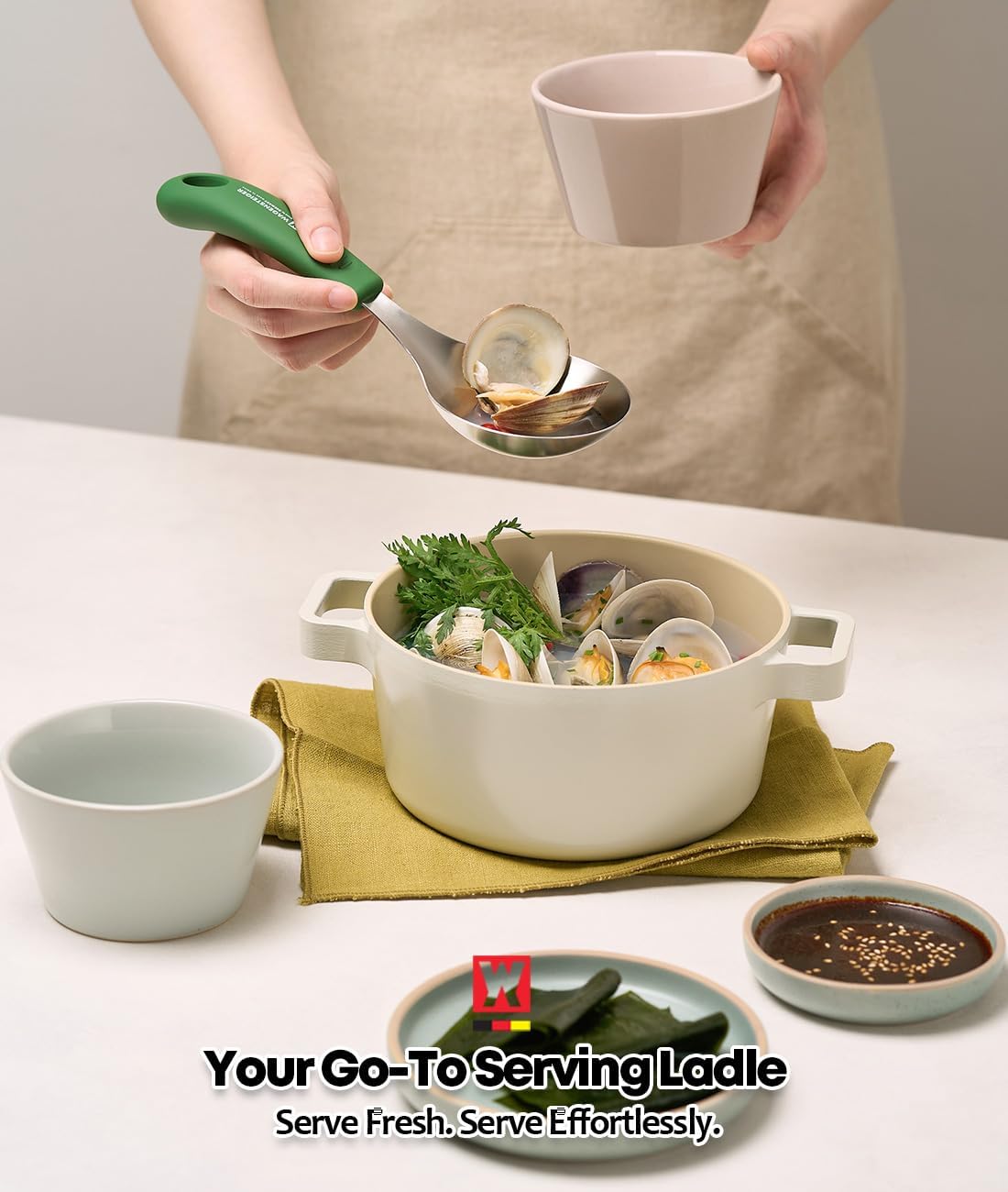 Short Stainless Steel Ladle 220mm (8.6”) – SUS304 Thick Deep Bowl Head with Soft-Grip Silicone Handle – Lightweight Mini Soup & Serving Spoon for Cooking – 5 Color Options (Gray)