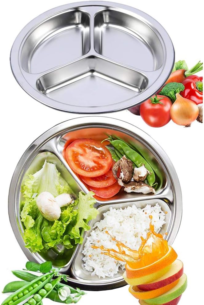 Set of 2 Stainless Steel Rectangular Divided Plates Tray 5 Sections Dinner Plates for Adults - Unbreakable Metal Plate for Campers, and Portion Control Reusable Plate