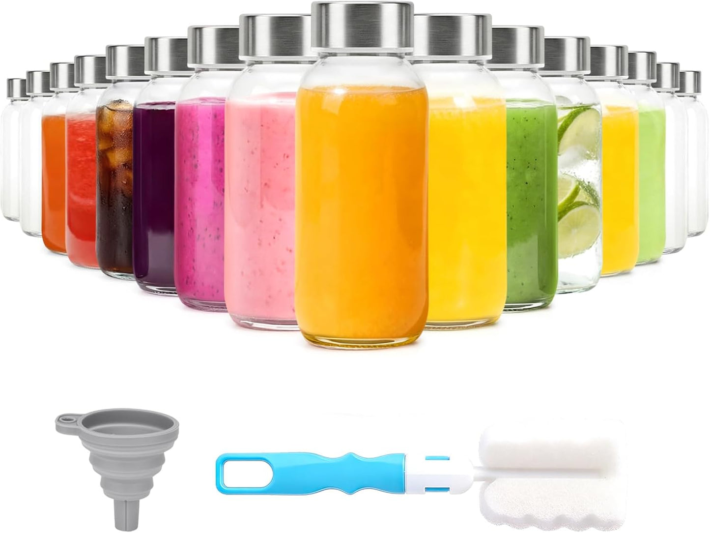 Clear Glass Bottles with Lids 18 oz, Reusable Glass Water Bottles with Stainless Steel Cap for Refrigerator, Juicing, 100% Leak Proof, BPA Free, Juice Bottle Drinking Jar Containers Set of 6