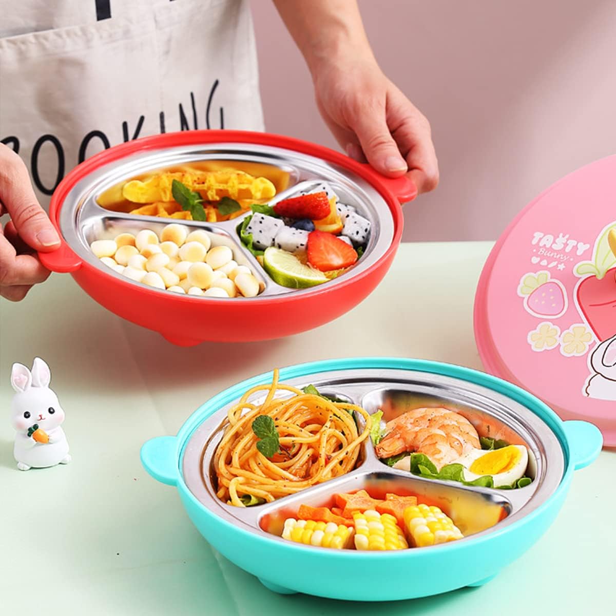 3 Compartment Portion Plate with Lid Heat Insulate Dinner Plate for Adults - Portion Control Divided Plates Tray 304 Stainless Steel Camping Plate