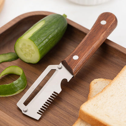 2 Pack Multi-Functional Vegetable Peeler, 3-in-1 Stainless Steel Peeler Shredder with Bottle Opener, Multifunctional Vegetable and Fruit Slicing Knife with Wooden Handle for Kitchen