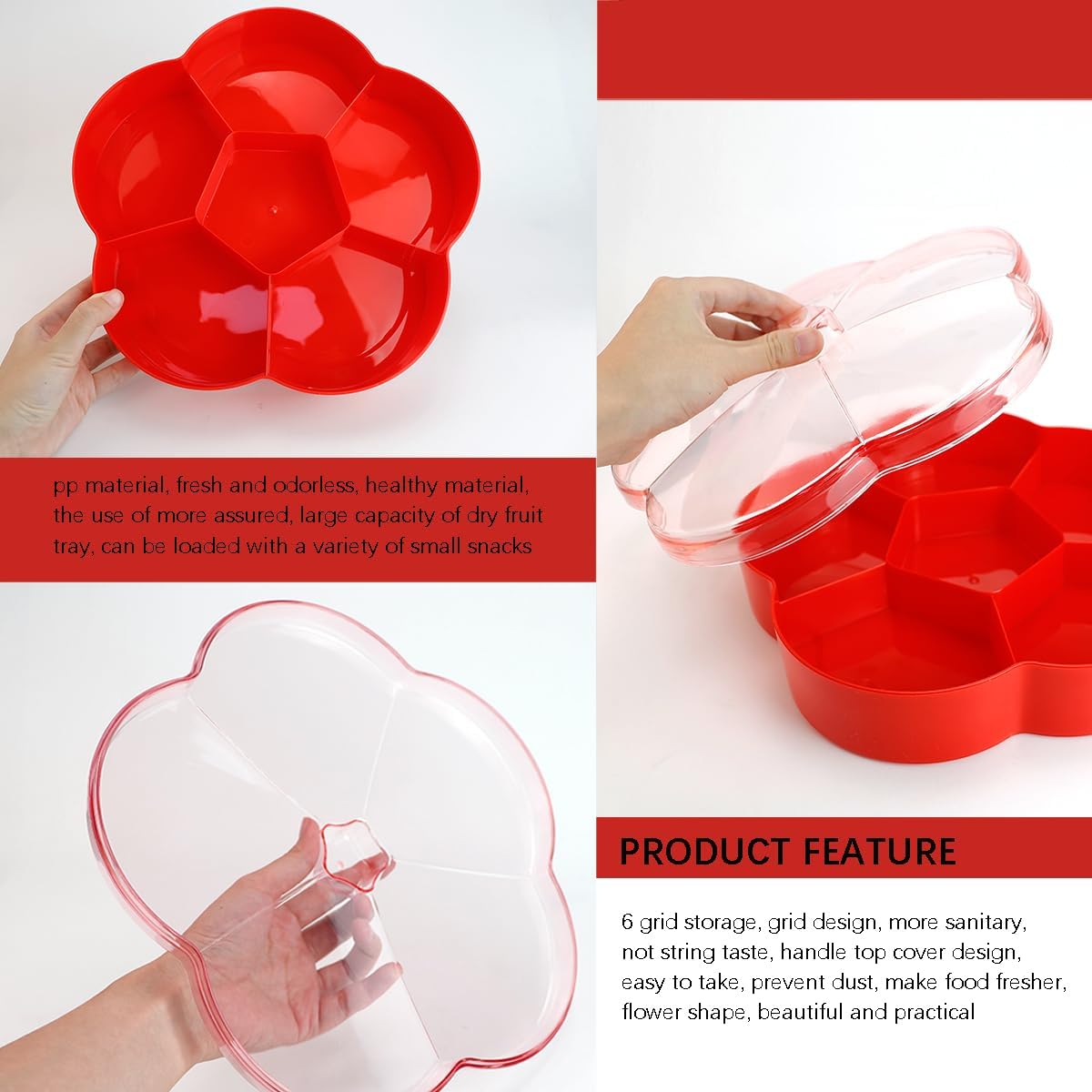 DOERDO Plastic Serving Trays with Lid 6 Compartment Food Storage Candy Organizer, Veggie Tray for Snack and Fruit, Red, 9.8x2.6Inch