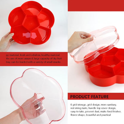 DOERDO Plastic Serving Trays with Lid 6 Compartment Food Storage Candy Organizer, Veggie Tray for Snack and Fruit, Red, 9.8x2.6Inch