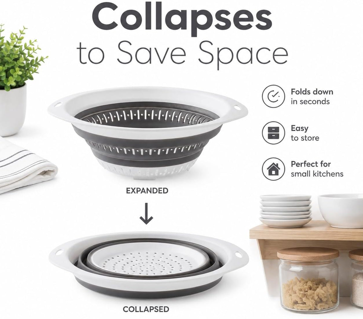 Collapsible Colander & Strainer, Space-Saving Silicone Basket, Round