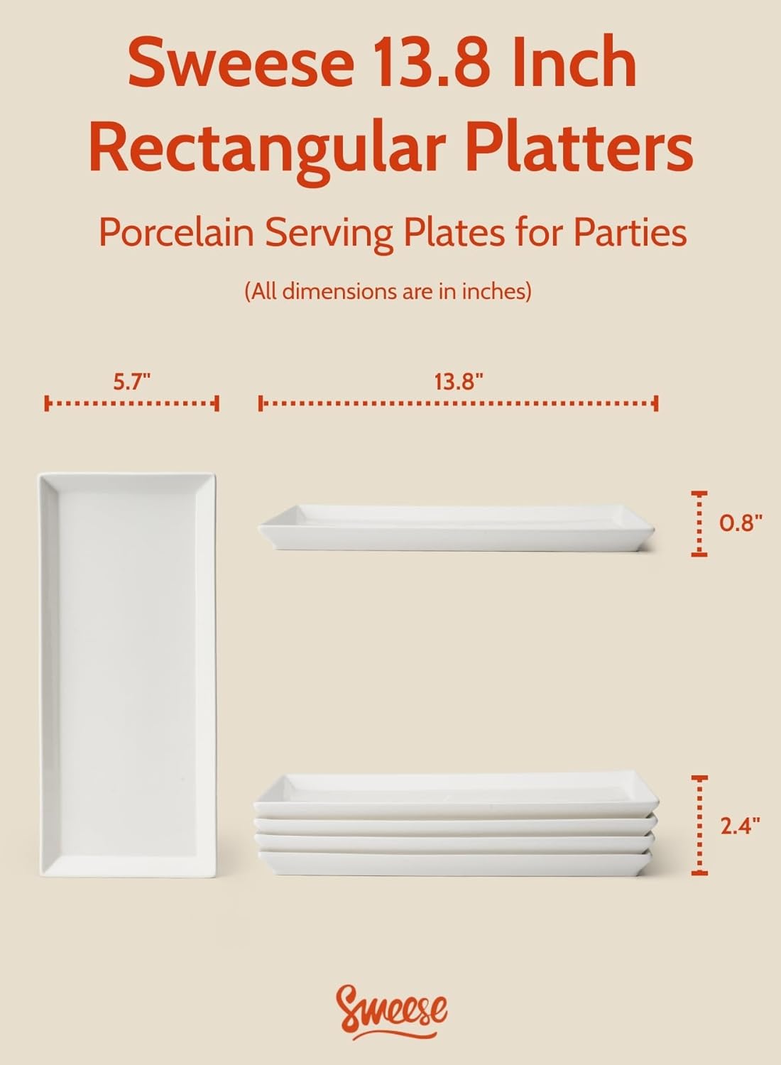 Sweese Serving Platter, 15.5/13.8/11.7 Inch Rectangle Porcelain Serving Trays, Serving Dishes for Entertaining, White Platters for Serving Food Party, Turkey Platter for Thanksgiving, Set of 3