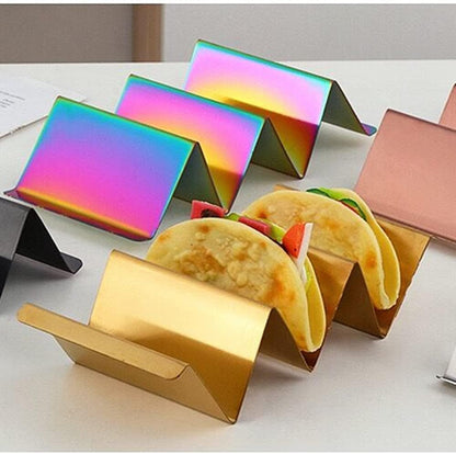 4 Pcs Gold Taco Holders Set with 1 Food Tong, Stainless Steel Taco Stand with Handles for Party, Holds Up to 3 Tacos Each, Dishwasher Oven safe