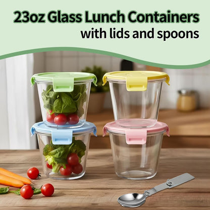 Small Round Glass Food Storage Containers with Lids, 1.5 Cup Round Food Containers set BPA-Free, 12oz Glass Lunch Bowls for Soup Leftover, Microwave, Dishwasher and Freezer Safe (4pack)