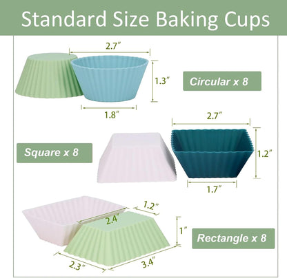 24Pack Silicone Muffin Cups, Reusable Cupcake Liners Molds for Baking, 3 Shapes Lunch Box Bento Dividers-Round, Square, and Rectangular (Neutral Colors, Regular Size)