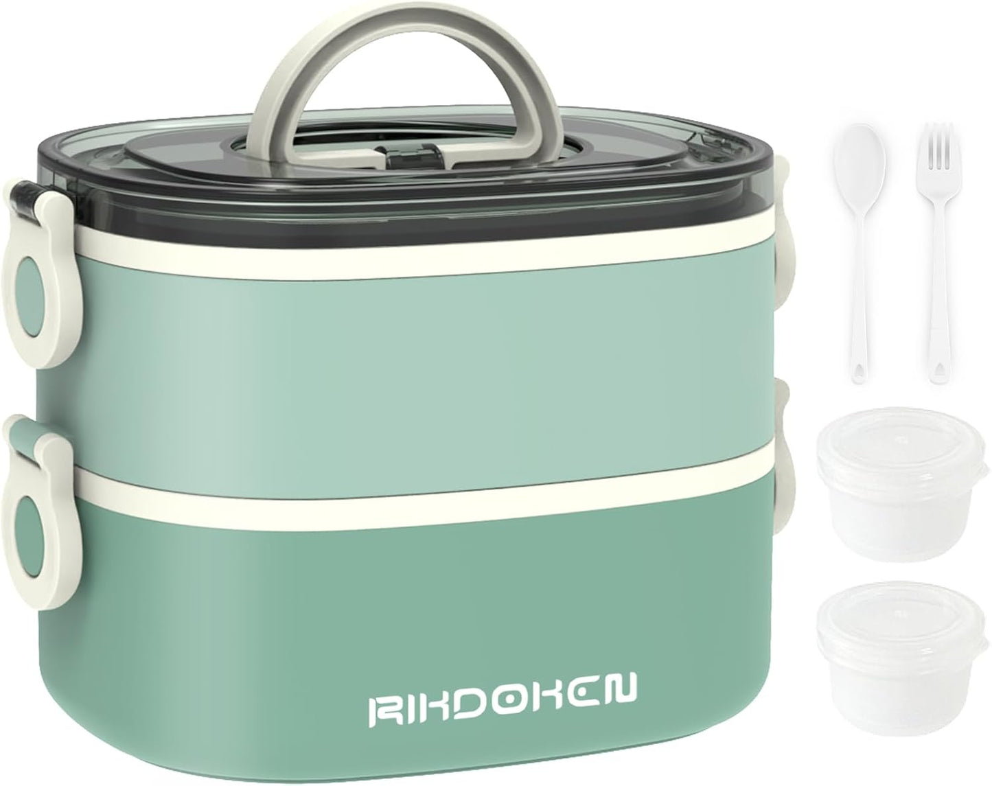 RIKDOKEN Lunch Box, Stackable 3 Layers Containers, Portable 94OZ Large Capacity Leakproof Bento Box with Spoon & Fork & Sauce Boxes, Microwave Safe Lunch Box for Kids and Adults