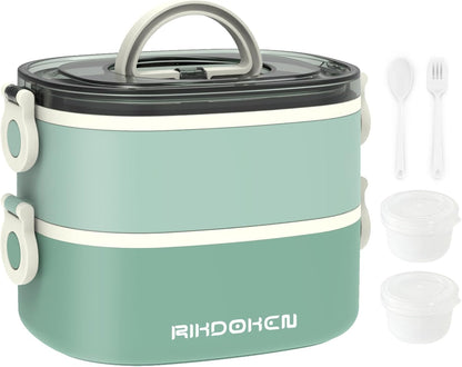RIKDOKEN Lunch Box, Stackable 3 Layers Containers, Portable 94OZ Large Capacity Leakproof Bento Box with Spoon & Fork & Sauce Boxes, Microwave Safe Lunch Box for Kids and Adults