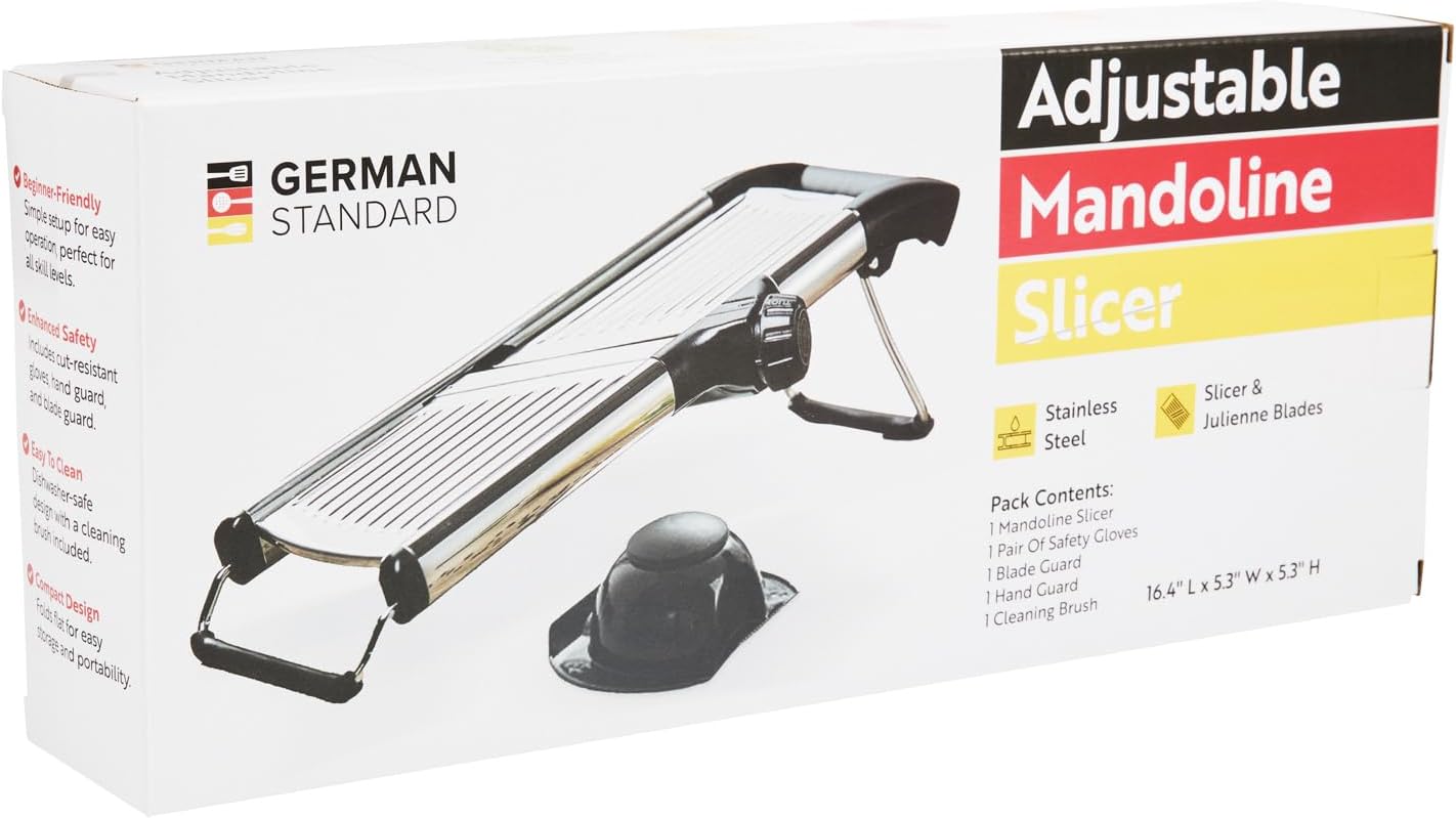 Restaurantware Stainless Steel Adjustable Mandoline Slicer - German Standard Vegetable Slicer with Blade Guard, Includes Cut-Resistant Gloves - Food Slicer for Potato, Onions, Cucumbers, Tomato