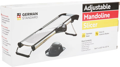 Restaurantware Stainless Steel Adjustable Mandoline Slicer - German Standard Vegetable Slicer with Blade Guard, Includes Cut-Resistant Gloves - Food Slicer for Potato, Onions, Cucumbers, Tomato