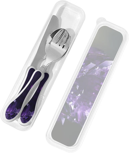 Stainless Steel Kids Silverware Set, Purple Amethyst Utensil Set Reusable Children Safe Knife Spoon Fork Set With Storage Case Dishwasher Safe For Lunch, Travel Outdoors