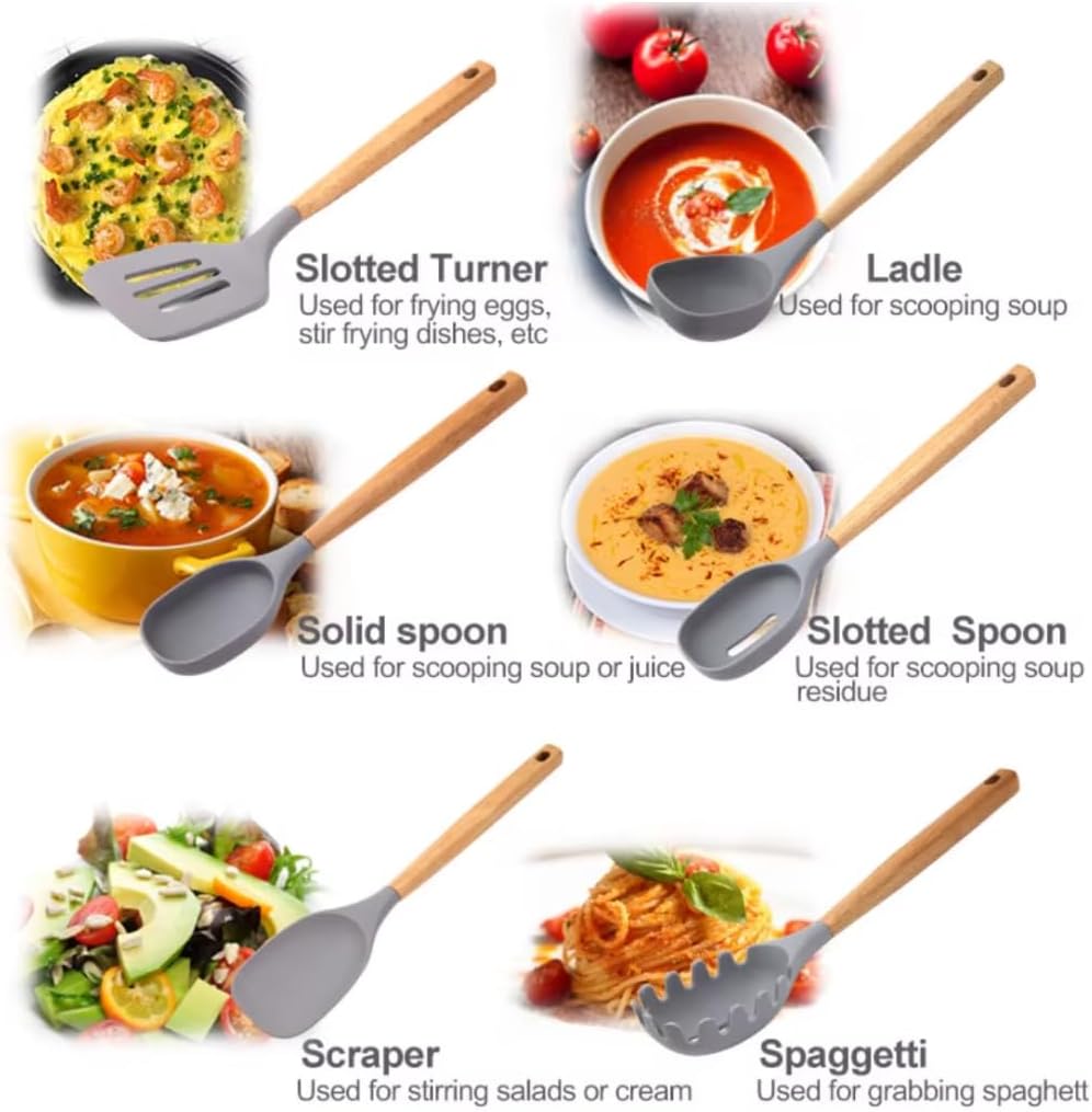 Green Silicone Kitchen Utensil Set – 10-Piece Cooking Tools with Wooden Handles & Ventilated Bamboo Holder, Heat-Resistant Silicone, Nonstick Safe, BPA-Free Kitchen Gadgets Set – Sage Green
