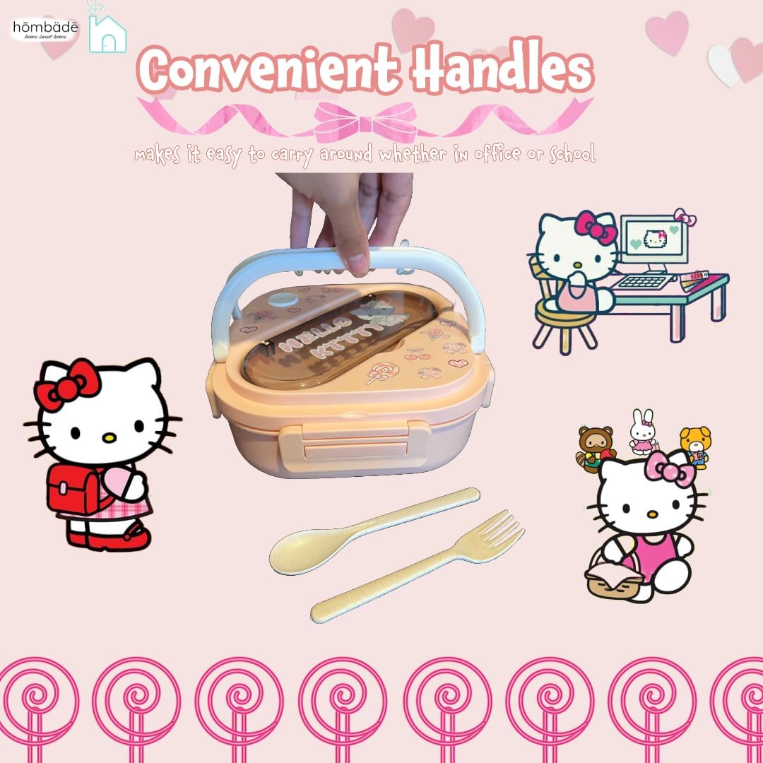 Bento Lunch Box Container Set with 3 Compartments Portable Personal Sealed Plastic Utensils Food Container Cute Kawaii Anime Kitty Bunny Dog (Pink Kitty)