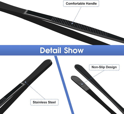 8-Inch Plating Tweezers Culinary Kitchen Tweezer Stainless Steel, Black Offset Tweezers for Cooking Food Design (8-Inch Offset Design)