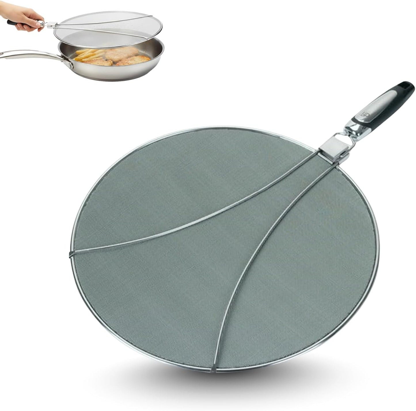 Amco 13" Splatter Screen with Foldable Handles - Stainless Steel Odor Absorber, Dishwasher Safe Versatile Kitchen Tool for Pans of All Sizes - Prevents Messy Splatters