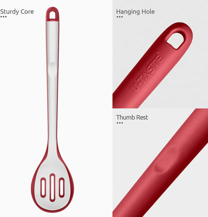 600ºF Heat Resistant Silicone Spoons: U-Taste 13.3in Solid & Slotted Kitchen Cooking Tool, Nonstick Long Rubber Utensil, Sturdy for Mixing, Serving, Stirring, Frying, Basting (Aqua Sky, 2PCS)